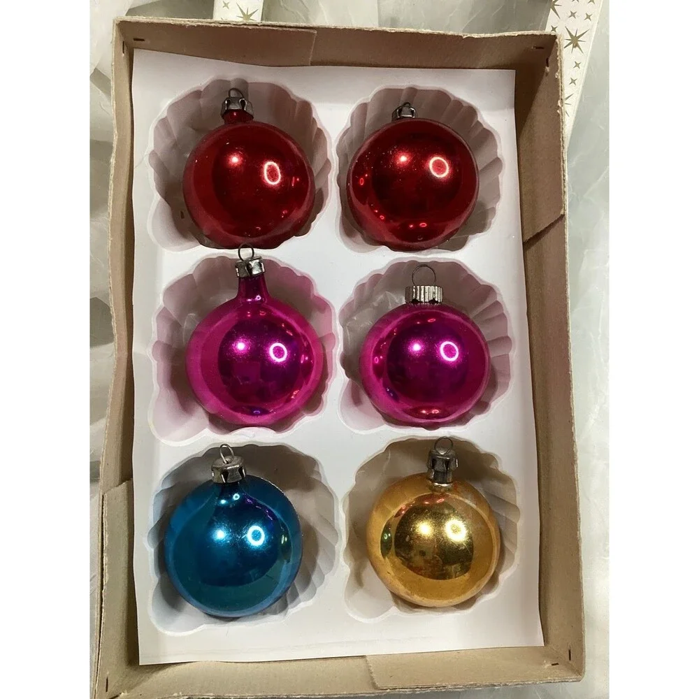 Indent Reflector Mercury Glass Christmas Ornaments Hand Painted Set of 6 Poland